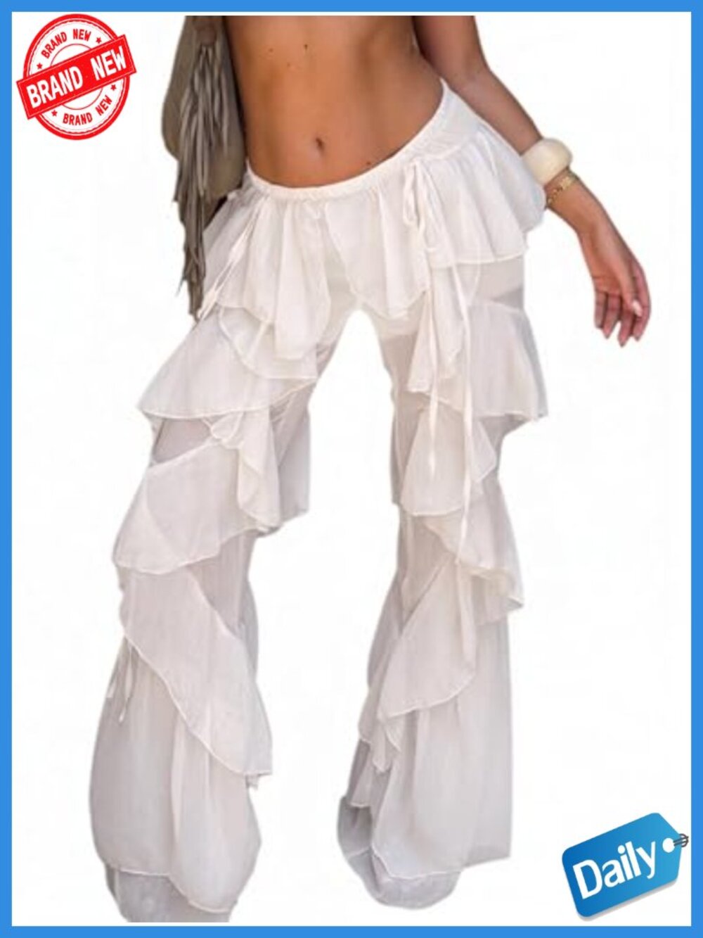 Women Boho Ruffle Mesh Flare Pants Sheer Beach Cover Up Going Out Festival Rave